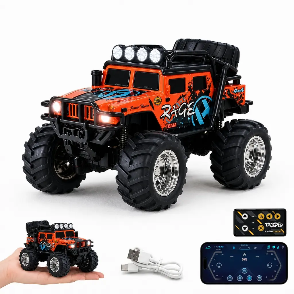 1/64 Mini RC Monster Truck - All-Terrain Metal Off-Road Pickup with Trailer, Remote + App Control, USB Recharge, Built-In Li-Ion Batteries, Off-Road Drive, Indoor Use, RC Model Car, Kids’ Birthday Christmas Gifts