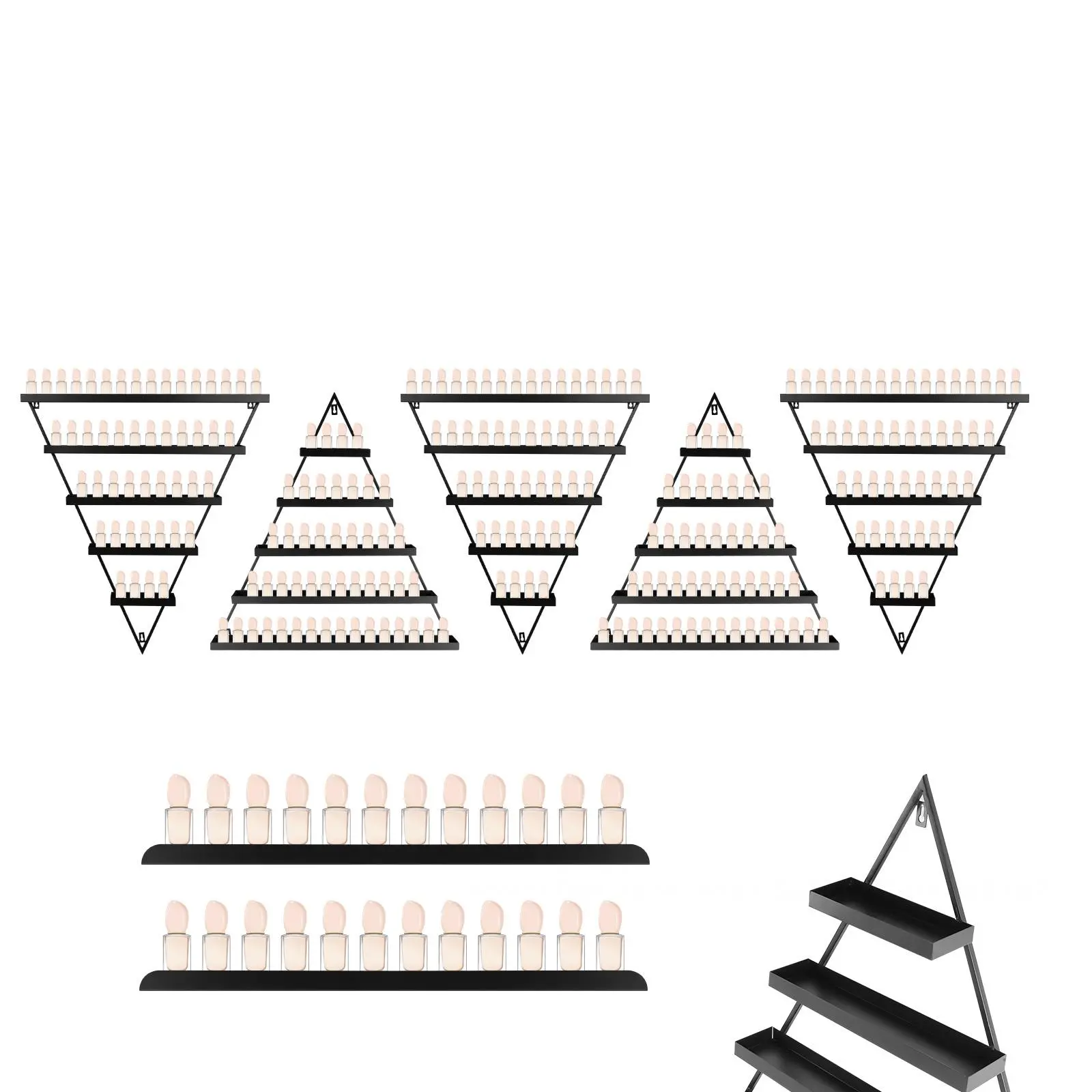 Black Wall Mounting Multi-Tiered Nail Polish Rack - 6-Piece 5-Layer Triangle Cosmetic Display Shelves with 5 Horizontal Bars, Heavy-Duty Indoor Storage for Essential Oil Bottles, Lipsticks, Perfumes, Spa Use