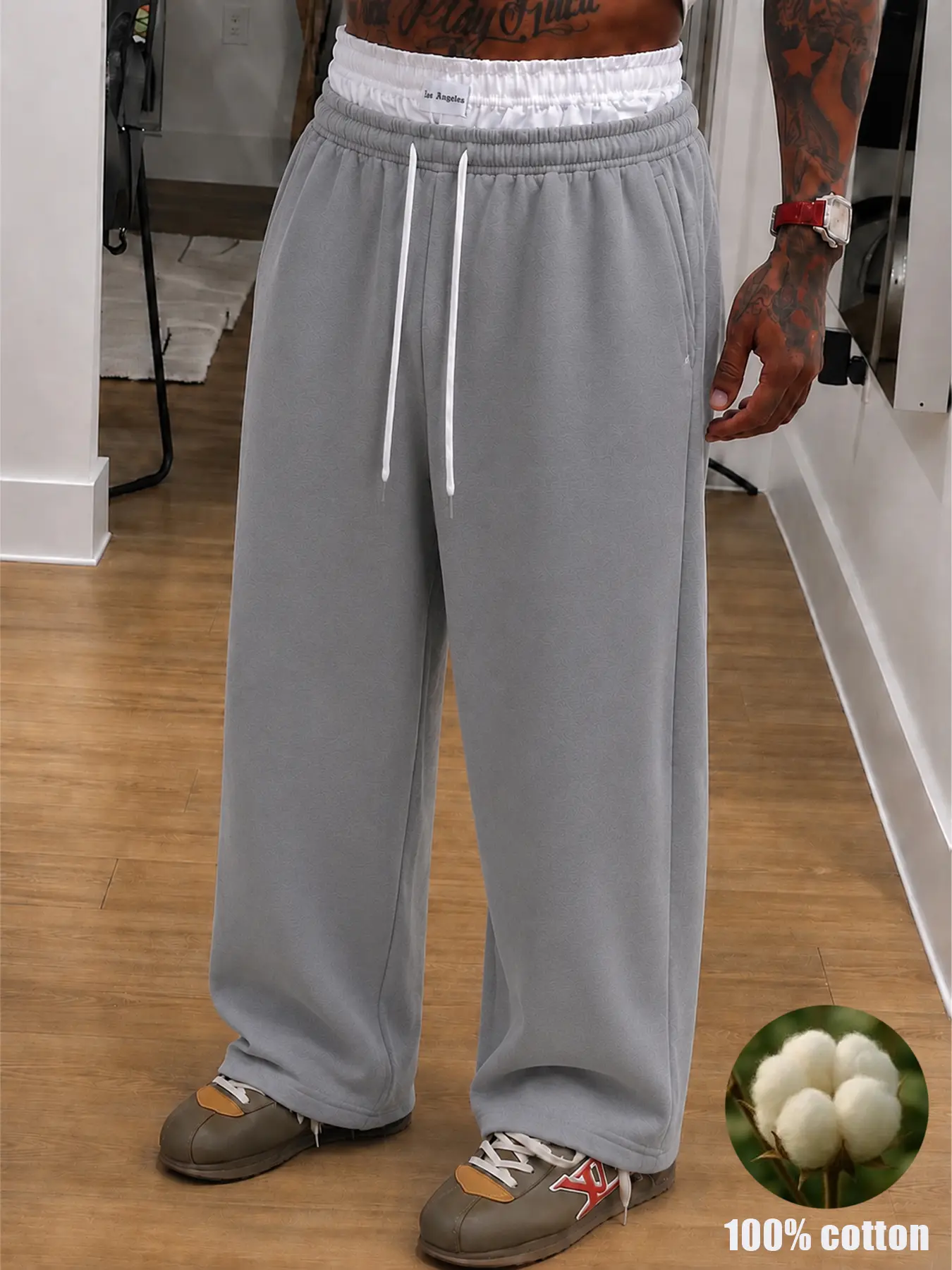 Men's Wide Leg Sweatpants Double Waist Drawstring Baggy Lounge Pants, Gray Cotton Loose Fit Straight Leg Streetwear Joggers for Daily Wear, Weekend Outfits, Travel, Relaxed Y2K Casual Style for Men, Giftable Pick, Baggy Sweatpants