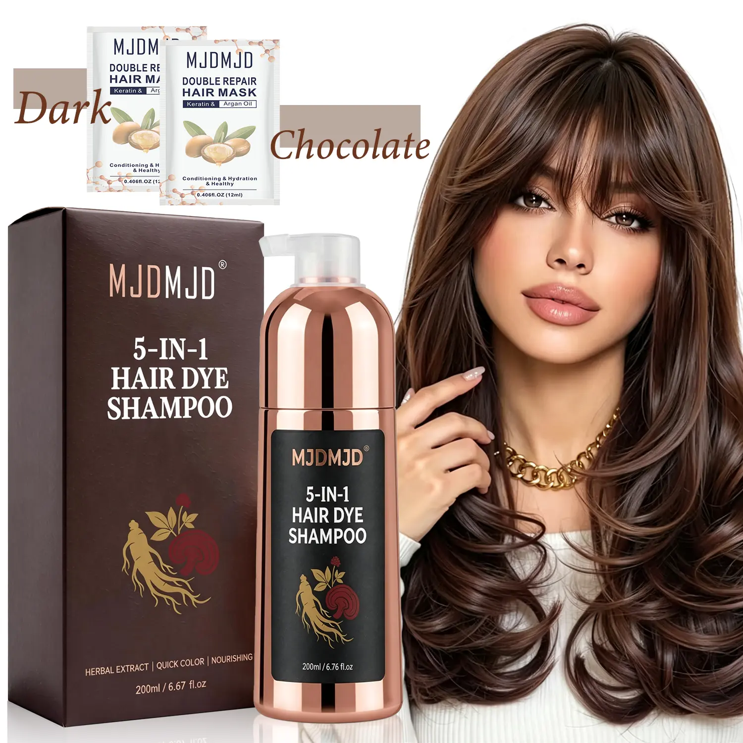 Dark Chocolate Hair Dye Shampoo for Gray Hair, 5-in-1 Hair Color Shampoo with Ginseng Extract, Covers Gray Hair in 10–15 Minutes, Long-Lasting Semi-Permanent Herbal Formula for Women & Men, Ammonia-Free, 16.9 Fl Oz (200ml)