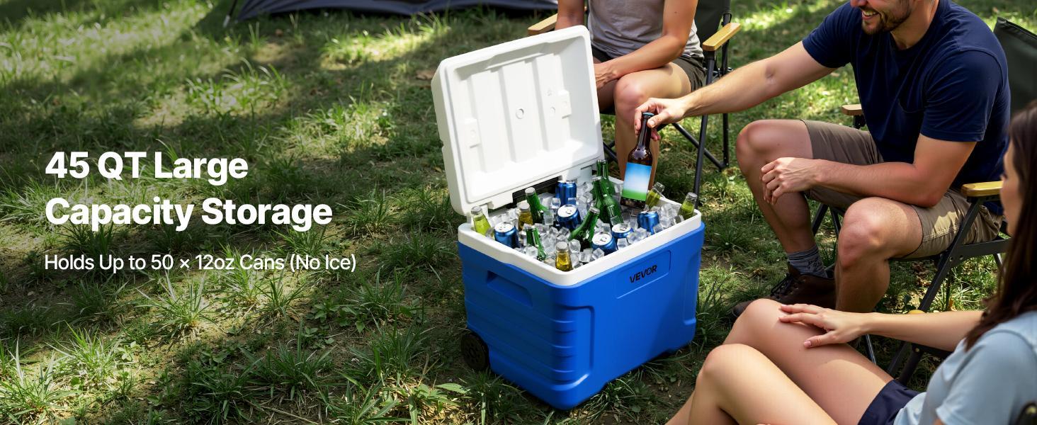 VEVOR 45QT Portable Rolling Hard Cooler with Wheels, Leak-Resistant Heat Insulating Coolbox, 48-Hour Ice Retention, Lightweight Durable Coolers & Cool Bags, Heavy Duty Protection for Campfire-BBQ Party, Food & Beverage#BackToSchool