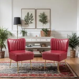 Pu Leather Accent Living Room Chairs,Set of 1 Mid Century Side Chair Single Sofa Chair with Golden Legs Wingback for Bedroom Guest Room,Vine Red