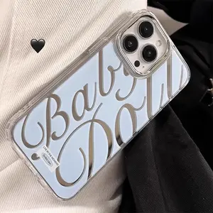 Blue Silver Plated Mirror English Transparent Frame Case For iPhone 14 15 Pro Max 11 12 13  Drop Protection Cover