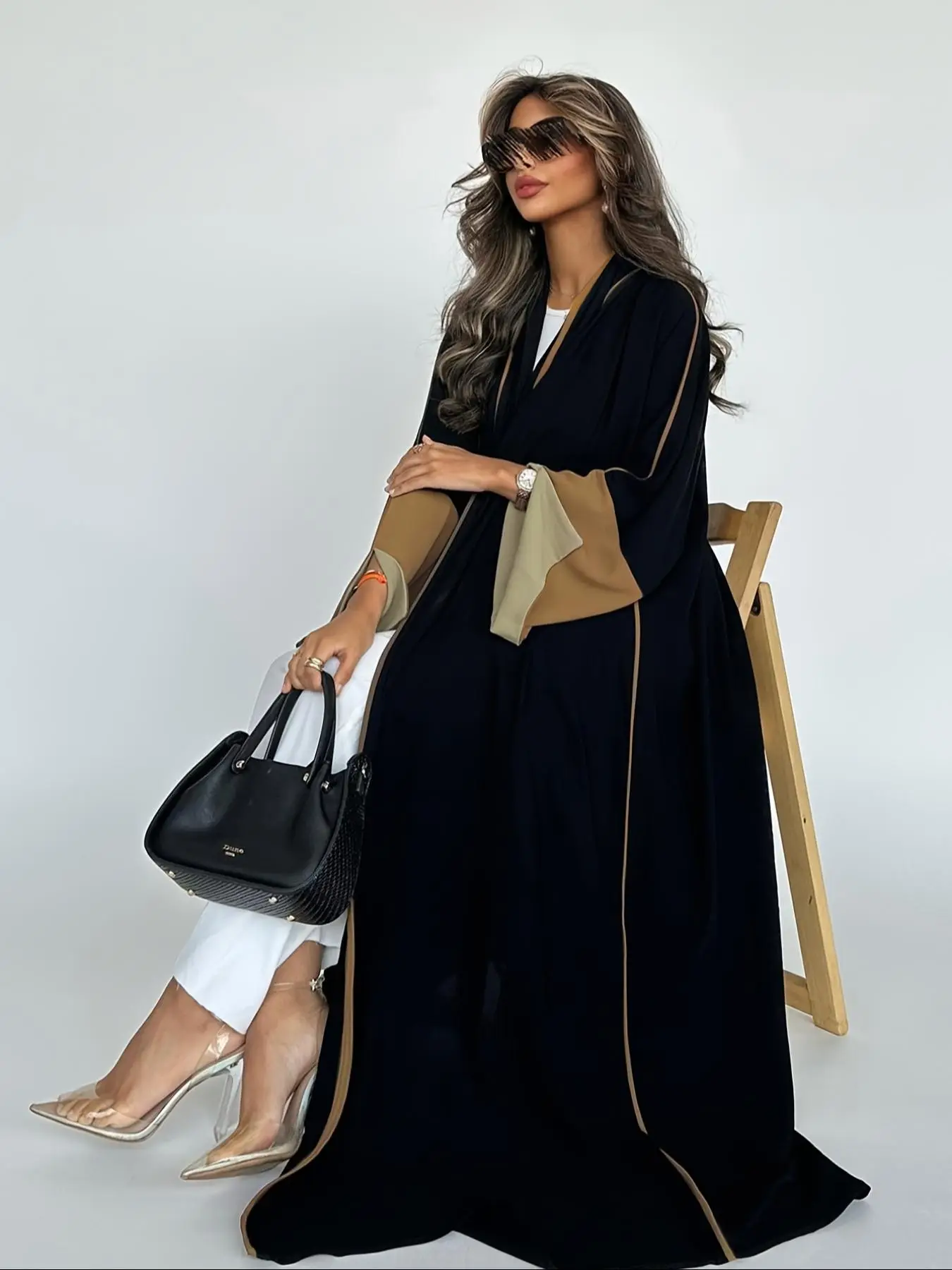 Women's Colorblock Print Open Front Abaya, Chic Elegant Long Sleeve Kaftan Dress for Daily Wear, Abaya for Women, Ladies Islamic Clothing for All Seas