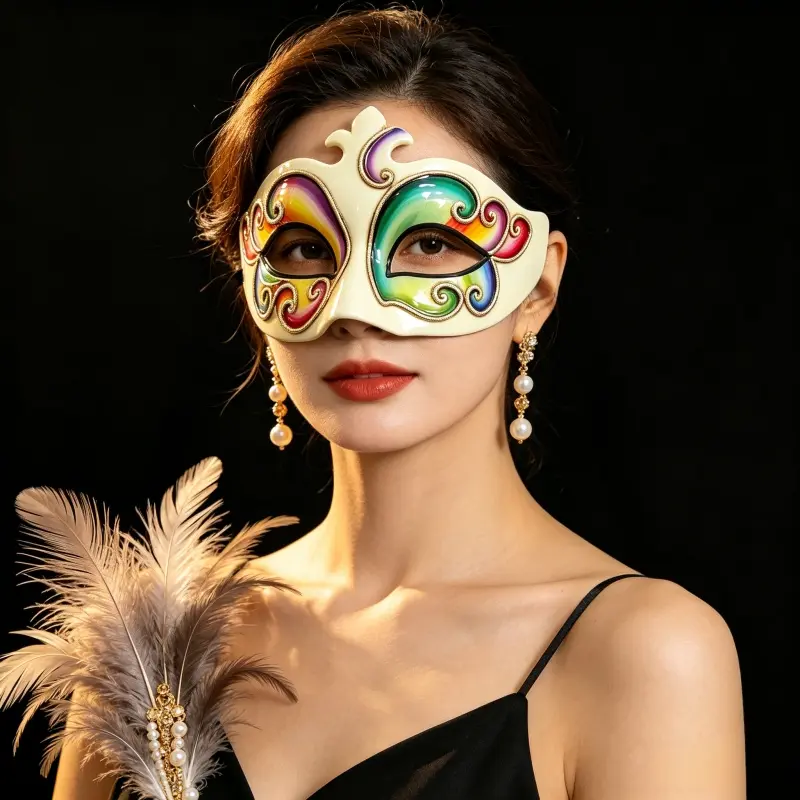 Vibrant Rainbow Plastic Venetian Half-Face Masquerade Mask with Adjustable Strap, Festive Party Accessories for Halloween, Mardi Gras