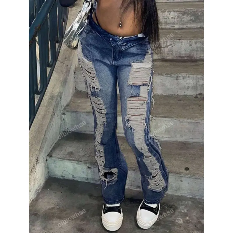 Rave Y2K Vintage Festival American Style Ripped Raw Hole Distressed Slim Fit Flare Leg Jeans Fabric Womenswear Mid Waist Below the Ankle Casual Denim Pants with Zipper Closure