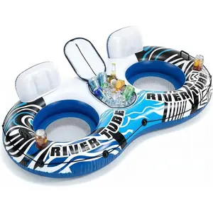 2 Person Inflatable River Float with Cooler & Cup Holders, 90 Inch Heavy Duty Lake Tube with Backrest, Mesh Bottom & Handles, Pool Float for River, Lake, Beach, 1 Pack