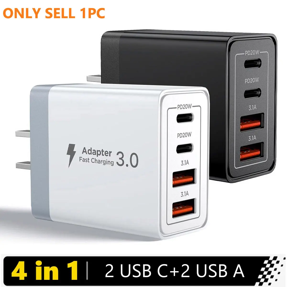 Wall Charger Quick Charge 3.0 Fast Charger Typec Fast Charging Multi Ports 4 Ports USB Type C PD 20W Mobile Phone Charging Wall Adapter Charger Compatible for iPhone Samsung Xiaomi Huawei
