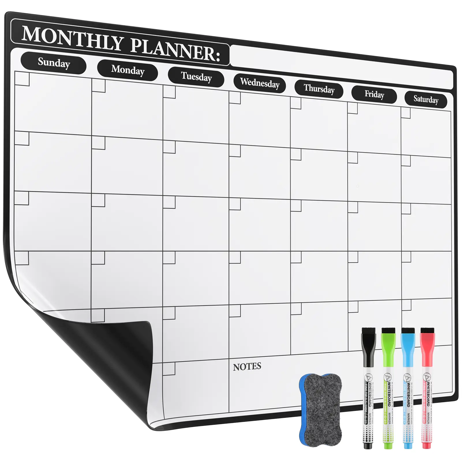 MaxGear Magnetic Dry Erase Calendar Board, Monthly Planner Whiteboard for Fridge,4 Markers and 1 Eraser, Reusable Refrigerator Organizer, Family Schedule Board, Meal Planner, Chore Chart
