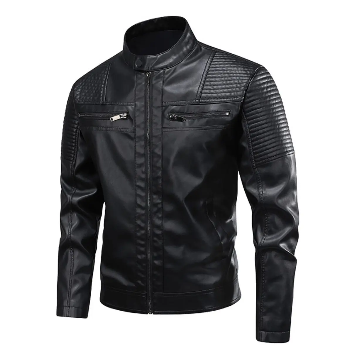 Men's Casual PU Leather Jacket, Loose-Fit Motorcycle Style Menswear with Stand-Up Collar and Straight Hem, Spring Youth Clothes