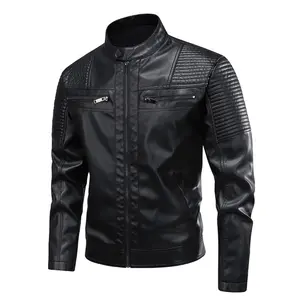 Men's Tough Motorcycle-Style Leather Jacket, Fitted Long-Sleeve Stand-Up Collar, Zipper Closure, Black & Green Menswear Tops Clothes with Pocket & Hem for 2026 Spring Casual Wear