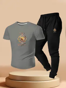 Men's Casablanca Badge Print Tee + Jogger Pants Set, Casual Short Sleeve Top, Slim Fit, Summer Urban Luxury Style, Two-Piece