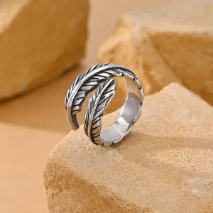 Vintage Punk Elegant Feather-Wrap Open Ring - Stainless Steel Costume Jewelry with Geometric Letter Design, Multi-Size Christmas Fashion Accessory for Daily Use, Gatherings