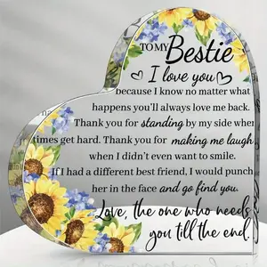 Gift for Friend Friendship Gifts for Women Friend Friendship Birthday Gifts for Women Cheer up Gift Acrylic Heart Keepsake and Paperweight for Home Office Table Shelf (Sunflower and Blue Flower)