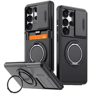 For Samsung Galaxy S26 S25 S24 S23 Ultra Plus S24 FE Shockproof Card Holder Case Ring Stand & Slide Camera Cover