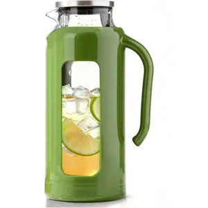 Glass Pitcher with Lid & Shatterproof Shell Heat-Resistant Borosilicate Glass Jug 2 L/68 oz with Handle & Spout Perfect for Iced Tea Juice Hot & Cold Water Green