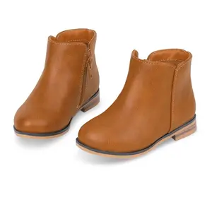 NCCB Girls Boots Low Heels Ankle Booties Slip-on boots for Girls with Side Zipper and Anti-Slip Patterned Outsole Brown Toddler