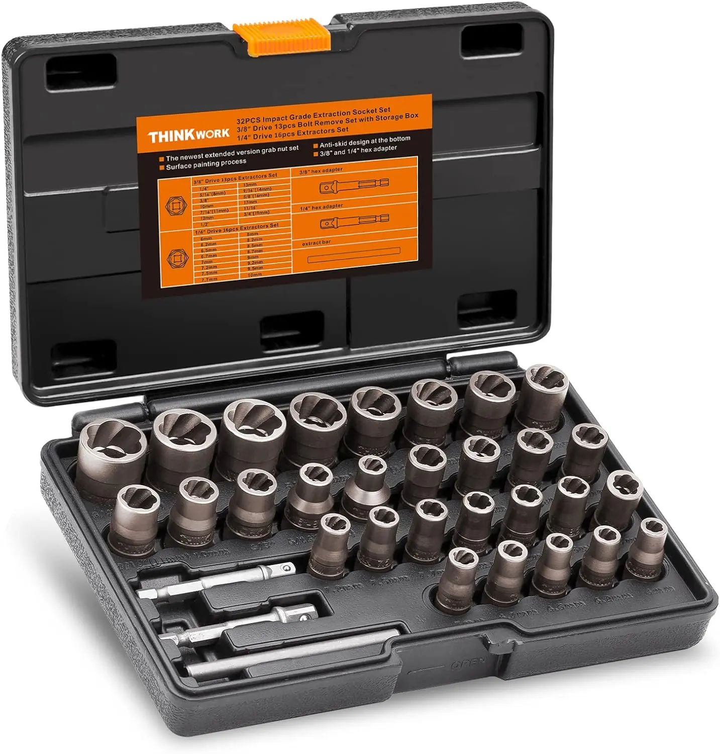 THINKWORK Upgrade Bolt Extractor Set, 32 Counts Impact Bolt & Nut Remover Set, Stripped Lug Nut Remover for Removing Damaged, Frozen, Rusted Universal Impact impact bolt