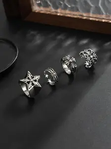 4 Pcs Trendy Men's Silver Color Punk Style Ring Set, Cross Star Textured Design, Vintage Dark Gothic Jewelry for Daily Wear, Cool Streetwear Accessory for Party & Casual Outfits, Stylish Gift for Him, Retro Punk Finger Rings