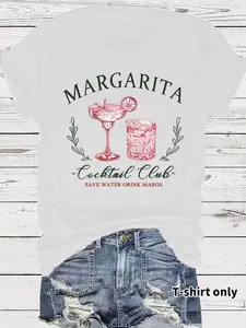 Women's Margarita Cocktail Club Round Neck Graphic Tee, Vintage Trendy Casual Short Sleeve T-shirt for Daily Wear, Ladies Summer Top, Aesthetic Streetwear
