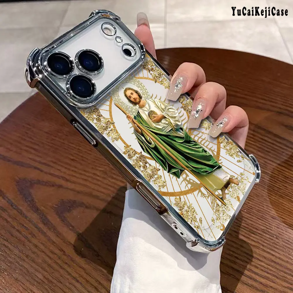 Saint Jude Thaddeus Transparent Electroplated Corner Shockproof Durable Phone Case - Heavy Duty Cushion Bumper for iPhone Series (17 Pro Max,16 Air,15 Plus,14,13,12,11) - Religious Cover, Ideal Holiday Gift for Men, Accessory