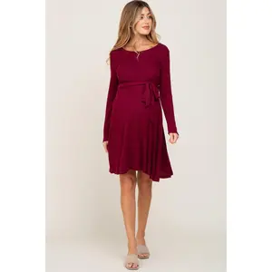 Burgundy Soft Rib Knit Sash Tie Maternity Dress