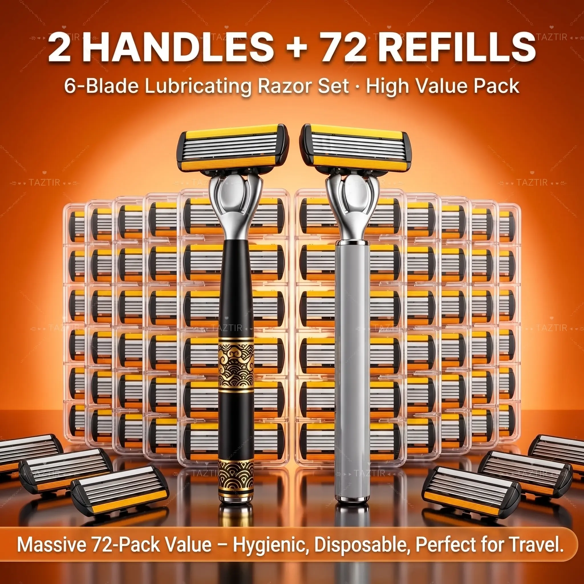 Shaving Set,Razors for Men & Women,travelhack 72 Refill Blades + 2 Handles, 6 Layer Blade Disposable Shaving Razors, Stainless Steel Blades with Clear Safety Cap, Multipurpose Portable Razor for Bathing, Hotel, Travel Daily Use