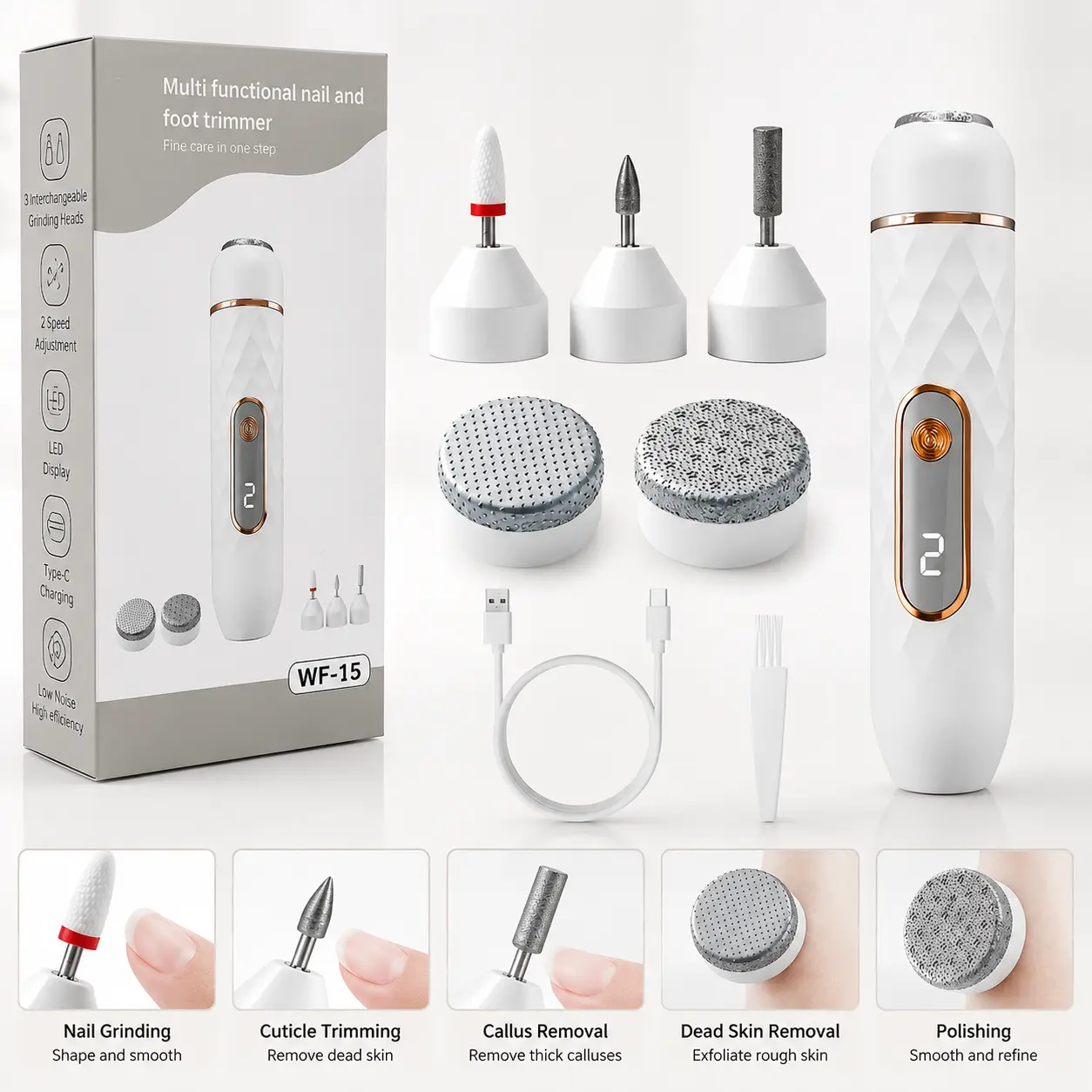 Electric Foot File Callus Remover, 5-in-1 Rechargeable Pedicure Tool with 5 Sanding Heads, Automatic Dead Skin Remover for Feet, Heel Repair & Nail Care Gift Set