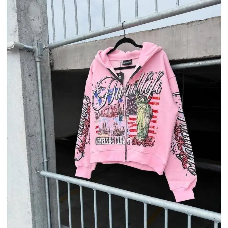 Y2k Fashion Street Anime Letter Print Zipper Hoodie Men Harajuku Retro American Fashion Brand Casual Oversized Sweatshirt Women