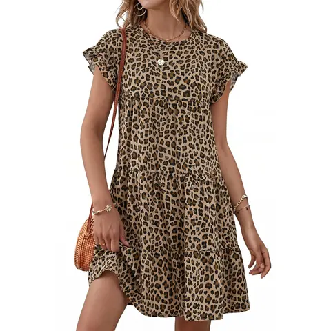 Wenrine Women's Bohemian Babydoll Mini Tunic Dress - Short Sleeves, Floral Ruffle, Soft Loose A-Line Swing Fabric, All Over Print, Casual Clothes for Women, Homecoming Attire