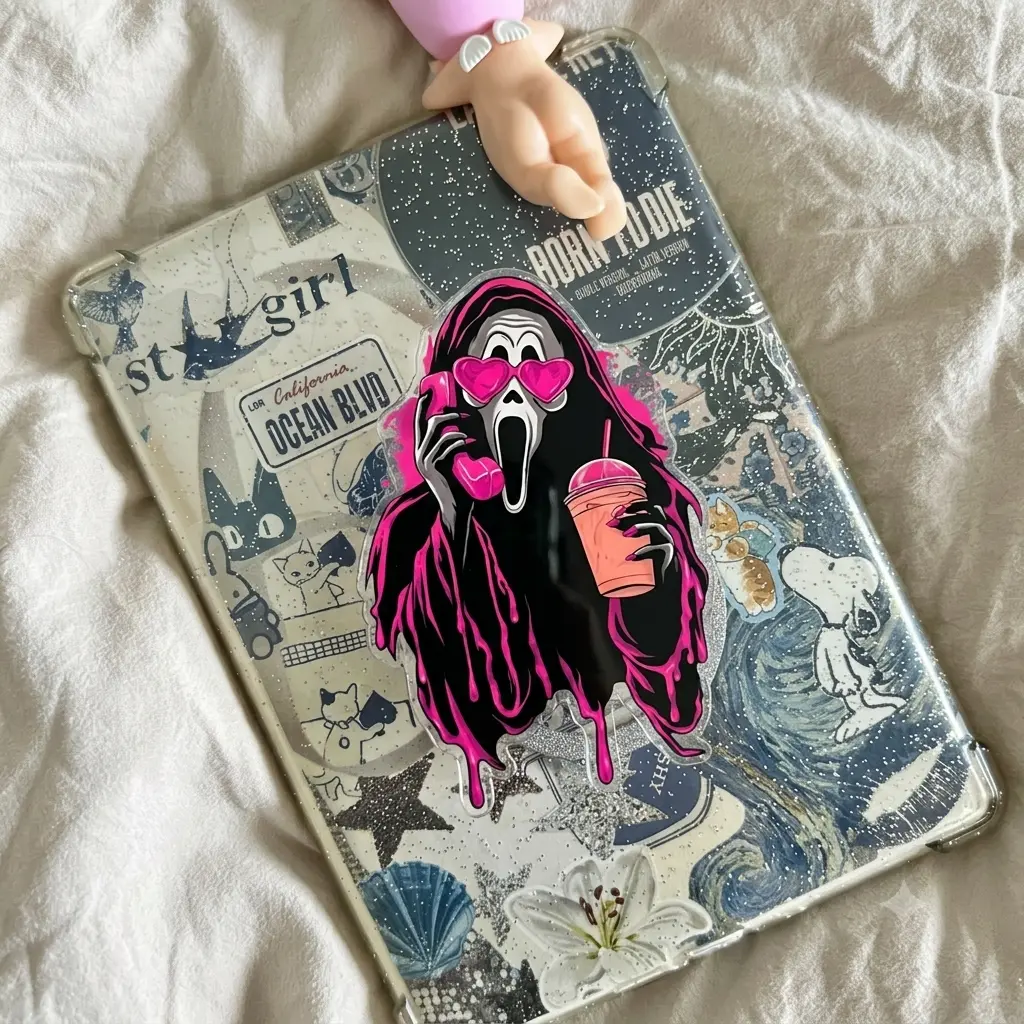 Y2K Pink Ghost Mask Phone Grip Cute Spooky Phone Stand Acrylic Heart Eyes Villain Phone Holder Gossip Ghost Finger Grip Topper Kawaii Horror Movie Fan Phone Accessory Unique Gift