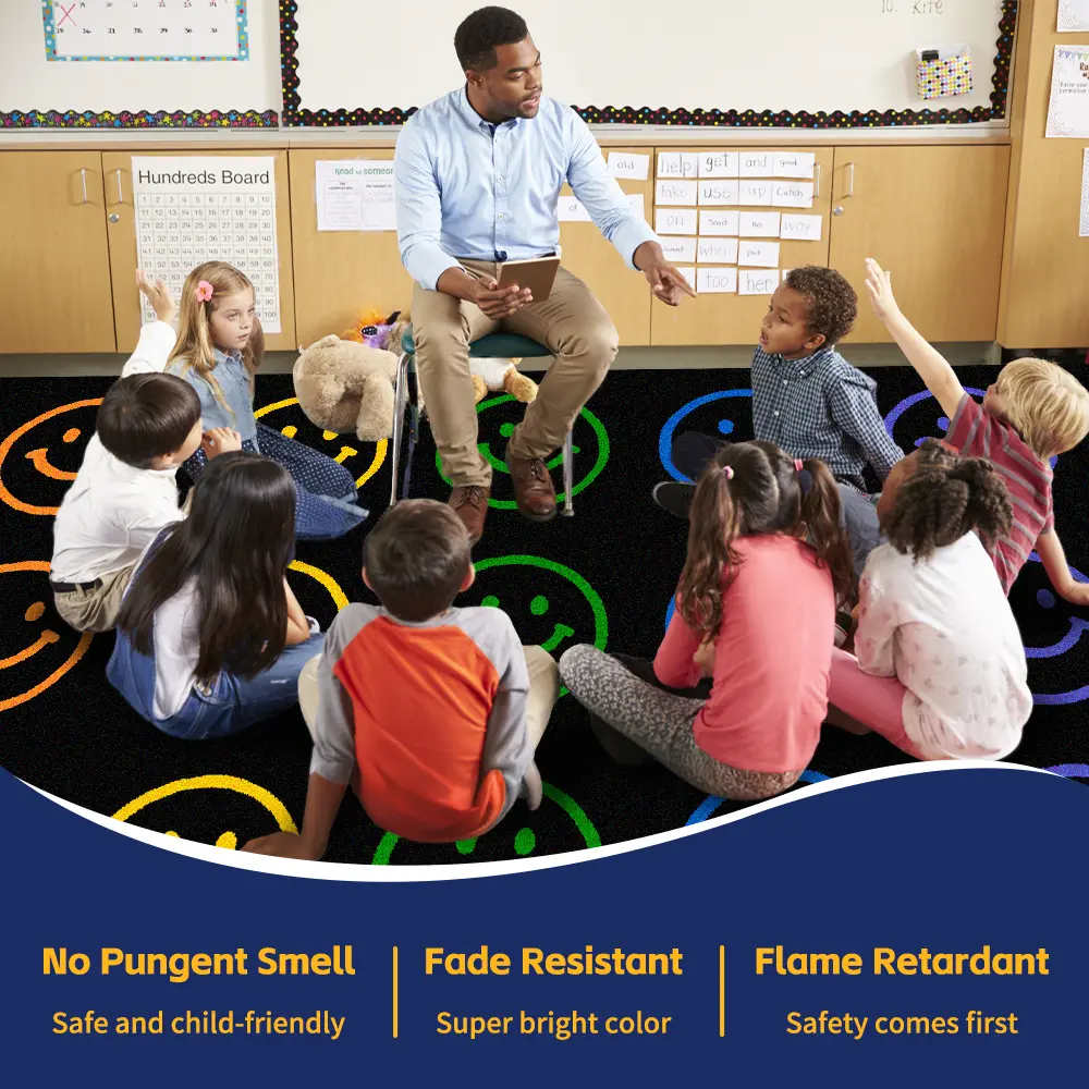 Large Classroom Rugs Elementary 13'x7'7'',Area rug for classroom for Kids Room,Daycare & Preschool Learning Educational Smiley face Rug for Playroom Kindergarten,Seats 28(Black)