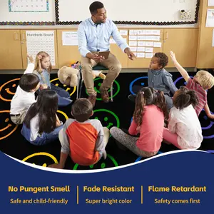 Large Classroom Rugs Elementary 13'x7'7'',Area rug for classroom for Kids Room,Daycare & Preschool Learning Educational Smiley face Rug for Playroom Kindergarten,Seats 28(Black)