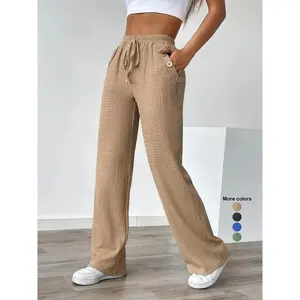 Women's Basic Solid Drawstring Waist Straight Leg Pants,?Regular Fit Casual Textured Pocket Trousers for Summer, Ladies Bottoms for Daily Wear, Womenswear?Everyday