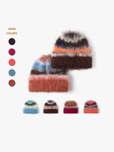 Women's Knit Beanie Hat, Korean Style Dopa Color Block, Warm Windproof Wool Blend, Elastic Design, Small Face, Fall & Winter Casual Wear