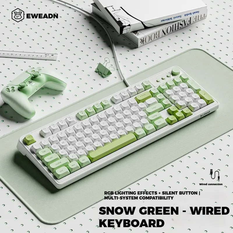 EWEADN Wired Gaming Keyboard 98 Keys with Volume Knob RGB Lighting, Lighted Keyboard, RGB Backlit Multimedia Keys Double Stand Feet Anti-Ghosting Ergonomic Design Double-Shot ABS Keycaps Perfect for PC Mac Gamers and Office