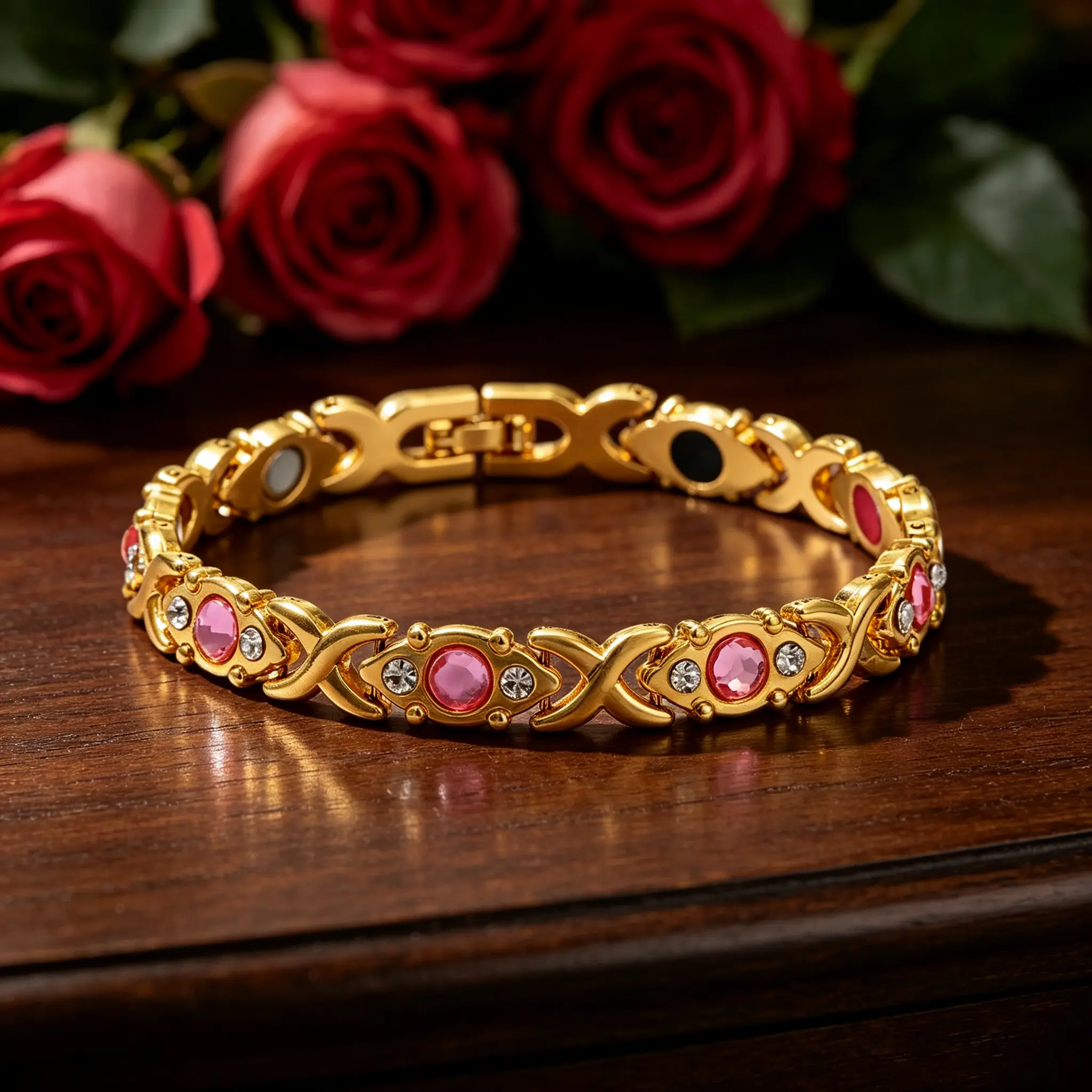 Eco-Friendly Alloy Magnetic Energy Bracelet, Adjustable Wrist Accessory With Crystals For Women