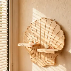Creative Scallop Shell-Shaped Floating Shelf, Wood-Textured Wall Mount Storage Rack, Ocean Aesthetic Home Decor for Nursery & Bathroom, Unique Display Shelf