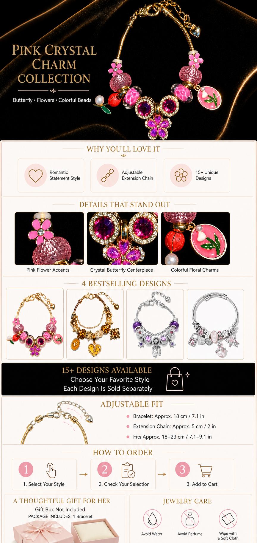 Women's Artificial Gems Pink Crystal Butterfly Charm Bracelet - Flower Hearts, Beading Detail, Unisex Jewelry Gift for Her, Bracelets