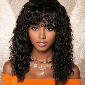 HAIRCUBE 16inch Curly Human Hair Wig With Bangs Water Wave 200% Density Brazilian Remy Full Machine Made For Women Natural Look Suitable For Daily Use And Festivals burmese  half  wig hair  topper HD Transparent Lace Front Body italian  curl  organique 4c