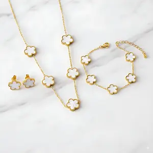 Stainless Steel Five Leaf Clover White Necklace Bracelet Earrings Set for Women Durable Waterproof Non Tarnish Fashion Jewelry Perfect Birthday or Anniversary Gift Chain Bracelet Set