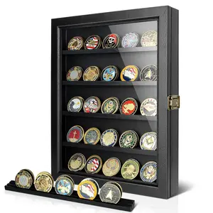 Challenge Coin Display Case, Coin Collection Display Stand for Wall Military Medal Shadow Box Display Cabinet with Removable Dual Recessed Shelves and Acrylic Panel -Black