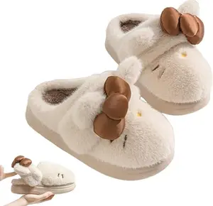 Women's Cute Cartoon EmbroideryBow Decor Plush Slippers, Casual SoftComfortable Home Slippers, ThickSole Warm Slippers for Indoor &Outdoor Use for Fall & Winter, Slide,Indoor Slipper, Comfortable Slippers Footwear Walking Shoes Girl Flipflop Onyx Pedal
