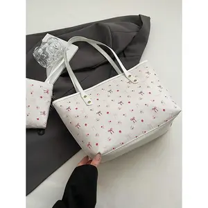 Two Pieces New Large Capacity Full Body Print Design Bow And Floral Pattern Decoration Design Double Handles Tote Bag, Suitable For Work And Commuting, Large Capacity,  Classic Casual,  arctic  tote  bag cute   bean  tote medium  bowler  bag