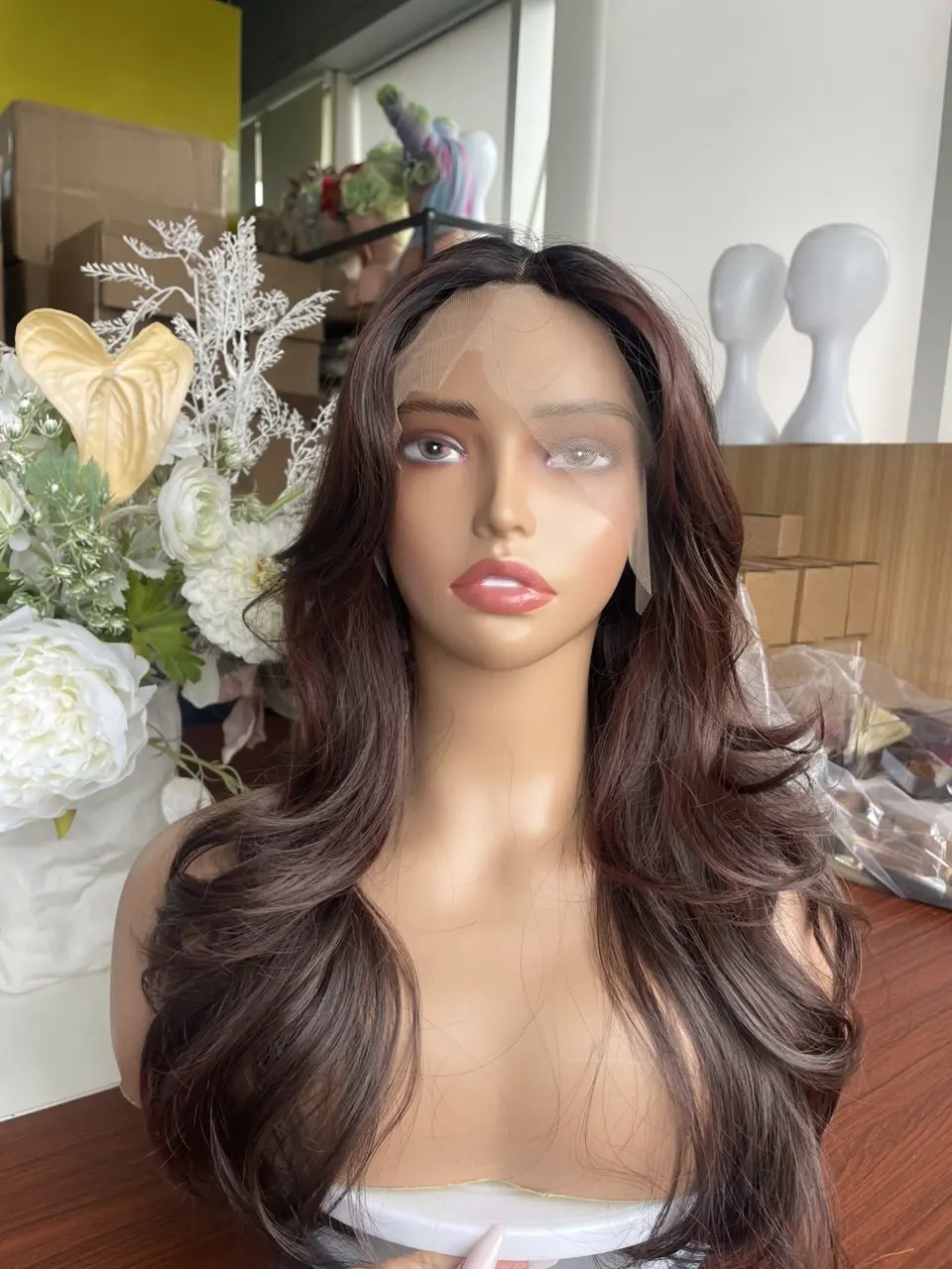 IMstyle Ria Rich Chocolate Cherry Auburn Big Layer Cut Body Wave Style Glueless T Part Lace Wig Natural Looking Heat Resistant Synthetic Fiber Wig Daily Wear