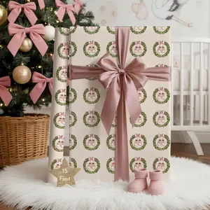 Large Wrapping Paper Roll Baby Girl First Christmas Pink Bow, 1st Xmas Birthday Gift Wrap, Holiday Paper Roll