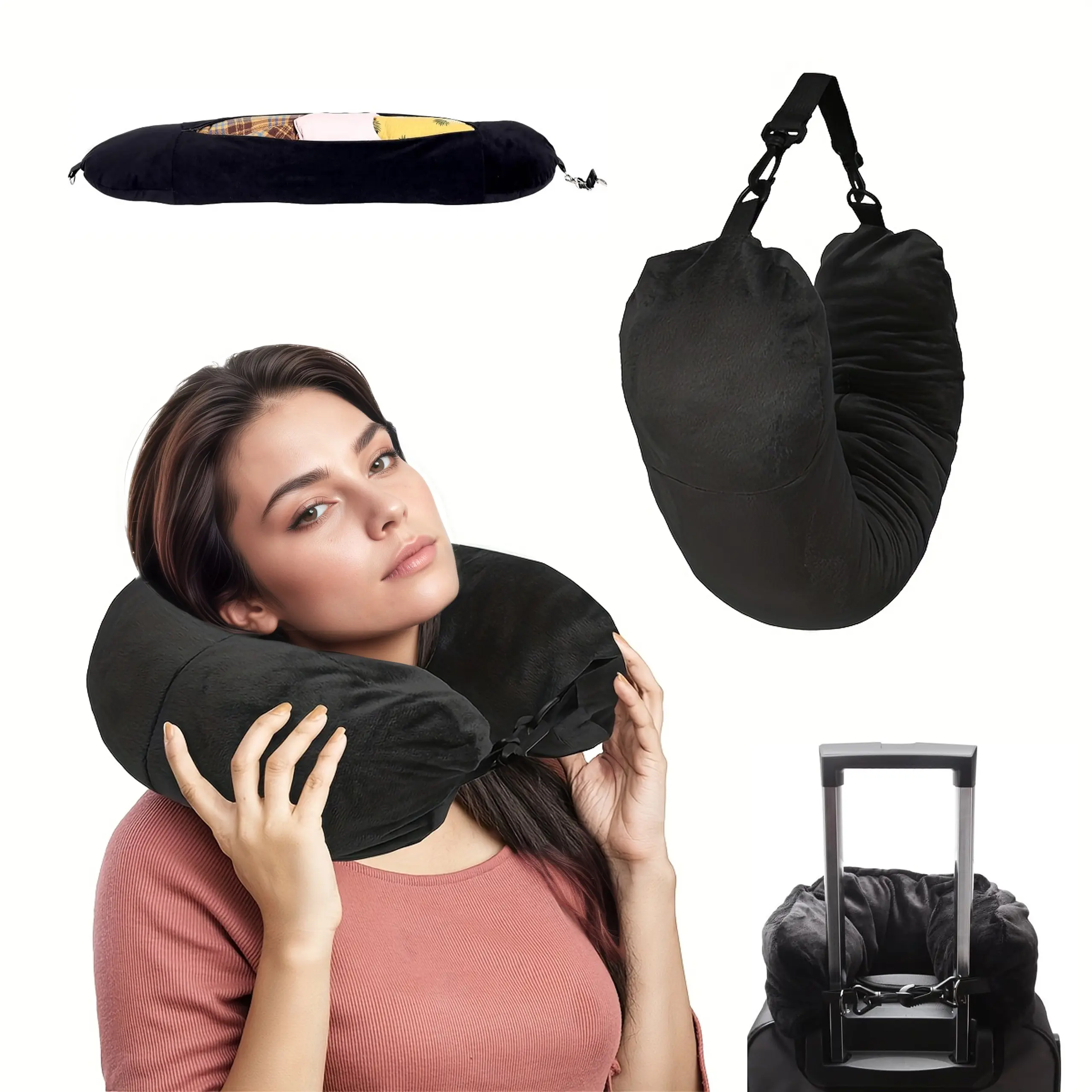 U-Shaped Travel Neck Pillow, Fillable Portable Pillow for Airplane, Long Flights, Car Travel & Road Trips, Unisex