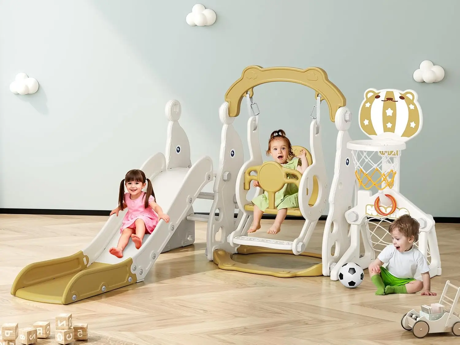 Coffee Colored HDPE Plastic Kids' Multi-Playset - Slide + Swing, Basketball Hoop, Soccer Net, All-Season Baby & Maternity Playgym Accessory Toy