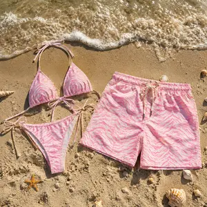 Pink Zebra Print Bikini Set & Men’s Swim Shorts – Matching Couple Beachwear, Y2K Aesthetic Summer Swim Outfit, Sexy Tie-Side Bikini Vacation Look
