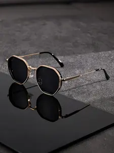 1pc Neutral polygon retro fashion sunglasses - black frame with blue lenses, lightweight decorative glasses for men and women, wide frame with fashionable hinges, fashionable color tones for casual and formal clothing, casual clothing, modern aesthetics,